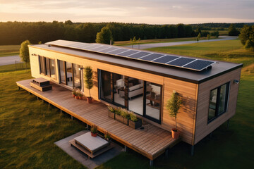 Aerial view of a Modular wooden house on wheels with flat roof with solar pannel and big windows all around. Modern and elegant style, with an outdoor living area