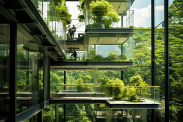 View of an Eco-Friendly Glass Office, Sustainable Building with Trees and Green Environment