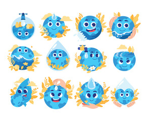 Fototapeta premium World Water Day with Cute Globe Earth Cartoon Character Avatar Collection with Various Gesture. Object Element Vector Flat Illustration Concept