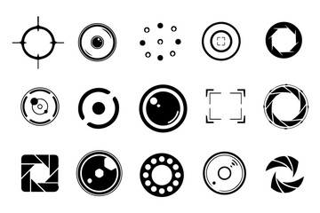 Camera shutter icons set. Camera lens diaphragm. camera shutter and camera lens icon collection. Black white style. lens aperture. Optical photography photography lens icons. vector illustration