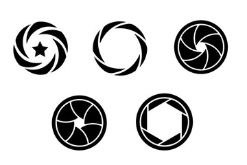Camera shutter icons set. Camera lens diaphragm. camera shutter and camera lens icon collection. Black white style. lens aperture. Optical photography photography lens icons. vector illustration