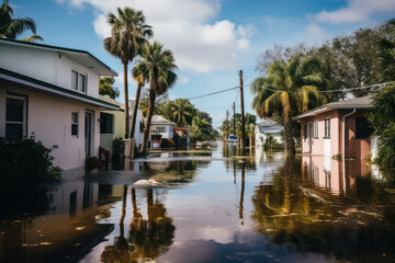 Flooded houses by hurricane rainfall in Florida residential area. Consequences of natural disaster