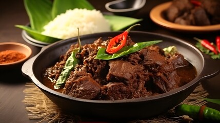 Rendang or Randang is The Most Delicious Food in the World. Made from Beef Stew and Coconut Milk with Various Herbs and Sice. Typically food from Minang Tribe, West Sumatera, Indonesia