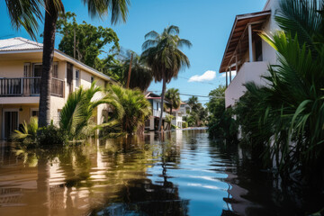 Fototapeta na wymiar Flooded houses by hurricane rainfall in Florida residential area. Consequences of natural disaster
