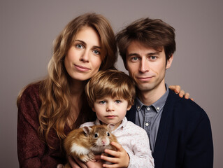 A Studio Portrait Photo of a Young Family Posing with a Lemming