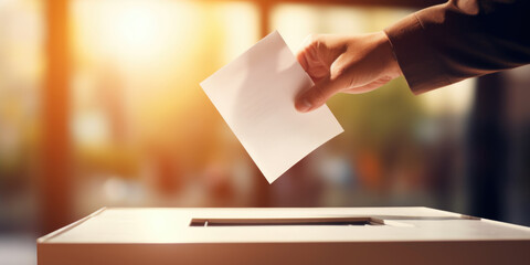 Man Casting His Vote into the Ballot Box during Election, Close-up of hand holding the ballot - obrazy, fototapety, plakaty