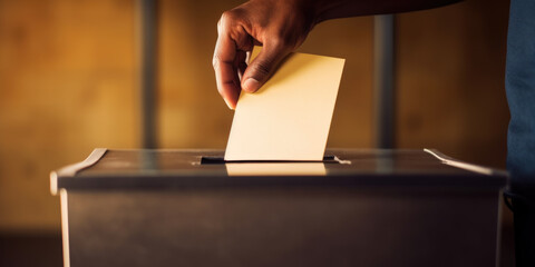 Black voter Casting His Vote into the Ballot Box during Election, Close-up of hand holding the ballot