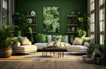 living room in the minimalist style with plants and a couch