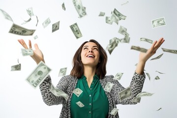 Woman with cash falling from the sky, generative ai