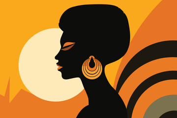 Beautiful African Woman Face, Silhouette, Traditional African Art Background