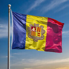 Close up view of an Andorra flag waving on a flagpole, with blue sky background and copy space