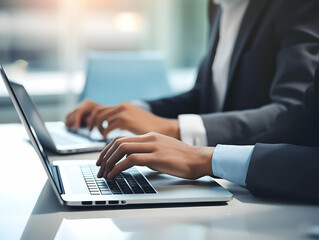 Business person using laptop and man or woman operating laptop and making a note, Business Office photo, Business Working environment, AI generated Photo