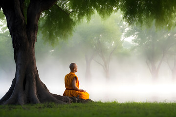 Buddhist monk in meditation under tree in jungle surrounded by mist