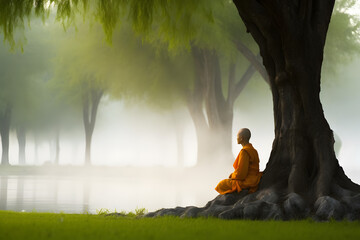 Buddhist monk in meditation under tree in jungle surrounded by mist