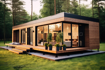 Modular wooden house on wheels with flat roof with solar pannel and big windows all around. Modern and elegant style, with an outdoor living area - obrazy, fototapety, plakaty