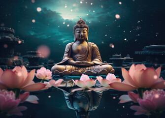 Fototapeta na wymiar glowing Lotus flowers and gold buddha statue