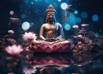 glowing Lotus flowers and gold buddha statue