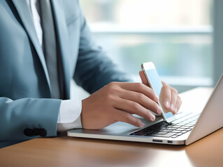 Business person using laptop and man or woman operating laptop and making a note, Business Office photo, Business Working environment, AI-generated business Photo