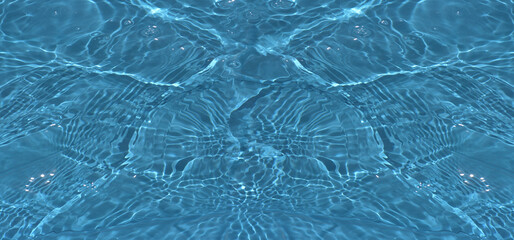 Defocus blurred transparent blue colored clear calm water surface texture with splashes reflection. Trendy abstract nature background. Water waves in sunlight with copy space. Blue watercolor shine.