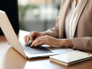 Business person using laptop and man or woman operating laptop and making a note, Business Office photo, Business Working environment, AI-generated business Photo