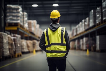 Young caucasian engineer or inspector looking warehouse for examining store or stock, cargo and logistic, supervisor standing back view in storehouse, industrial concept, generative ai.