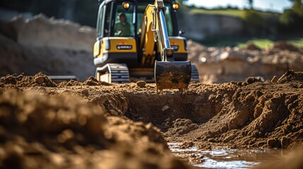 Obraz premium A backhoe digging soil and making foundation at construction site.
