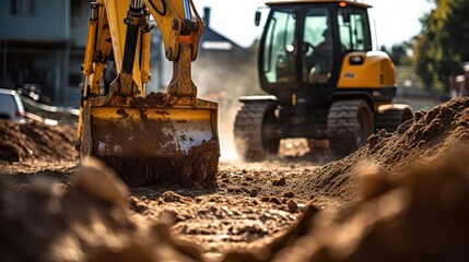 Fototapeta premium A backhoe digging soil and making foundation at construction site.