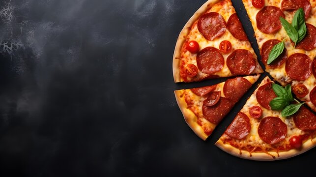 Tasty pepperoni pizza and cooking ingredients tomatoes basil on black concrete background. Top view of hot pepperoni pizza. With copy space for text. Flat lay. Banner