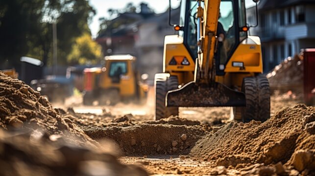 A backhoe digging soil and making foundation at construction site.