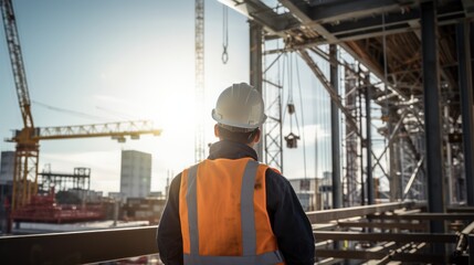 Back of chief engineer technician watching work crew on tall steel platform, high rise building construction.