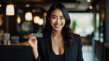 A Portrait of a Happy Asian business woman holding a credit card: Online banking for business professionals.