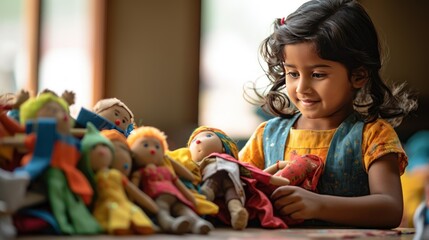 Fototapeta premium A Technology and learning: Early childhood girl and her recycled cloth toys, dolls made from old towel scraps, handmade toys, technology classroom.