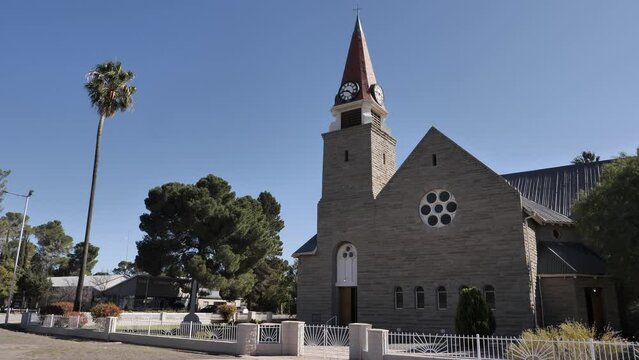 Establishing shot of stone architecture of Reformed Church, Loxton RSA