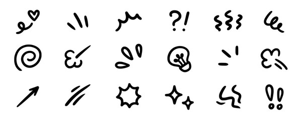 Line movement effect element, express anime effect decoration icon. Hand drawn cute doodle line element arrow, emphasis, shock, sparkle. Anime movement, express shape. Vector illustration © Polina Tomtosova