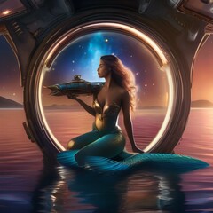 A cosmic mermaid, half-human and half-aquatic alien, serenading a spaceship passing by her underwater lair2 - obrazy, fototapety, plakaty