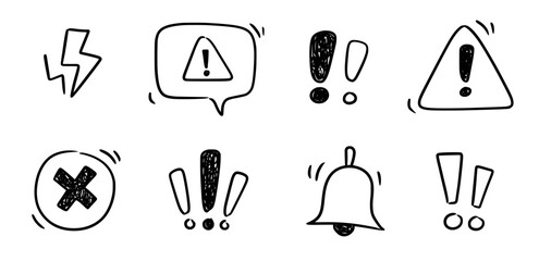 Doodle exclamation mark, alert danger sign set. Scribble hand drawn doodle exclamation triangle point, stop warning, hazard sign. Hand drawn sketch danger information sign. Vector illustration