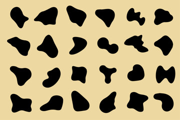 Blob shape organic set. Random black cube drops shapes. Pebble, inkblot, drops and stone silhouettes. Collection of abstract form paint liquid black blotch spot irregular form. White background