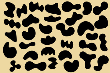 Blob shape organic set. Random black cube drops shapes. Pebble, inkblot, drops and stone silhouettes. Collection of abstract form paint liquid black blotch spot irregular form. White background