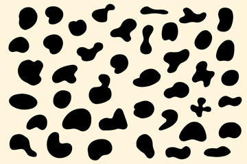 Blob shape organic set. Random black cube drops shapes. Pebble, inkblot, drops and stone silhouettes. Collection of abstract form paint liquid black blotch spot irregular form. White background