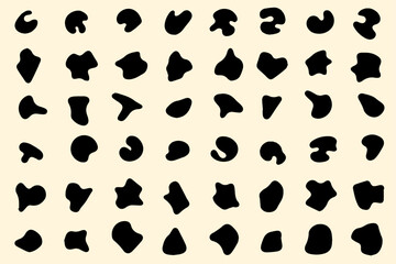 Blob shape organic set. Random black cube drops shapes. Pebble, inkblot, drops and stone silhouettes. Collection of abstract form paint liquid black blotch spot irregular form. White background