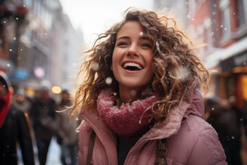 excited young woman under a snowfall on urban winder street - obrazy, fototapety, plakaty
