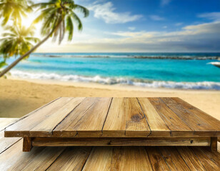 Fototapeta premium Wooden table top on blur tropical beach background - can be used for display or montage your products. High quality photo
