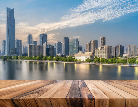 Wood Table Top with Background In the City Building Skyline Concept. High quality photo