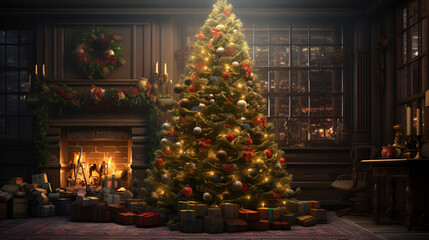 Fototapeta premium Realistic Style Christmas Tree Decoration Real Decorated Christmas Tress