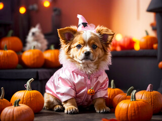 A dog in a pink costume amidst pumpkins captures the festive spirit of Halloween. Animals and festivals.