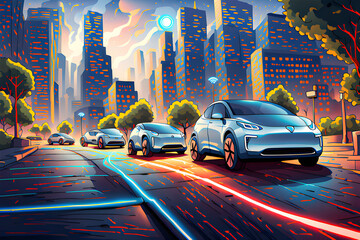 A future city with electric cars and neon signs