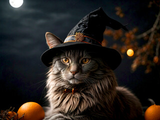 A black cat dressed as a witch on a moonlit Halloween night against a background with Halloween decorations.
