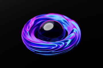 Blue  futuristic neon torus donut with donut  on black isolated background. 3D rendering