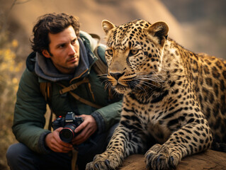 A Photo of a Leopard and a Wildlife Photographer in Nature