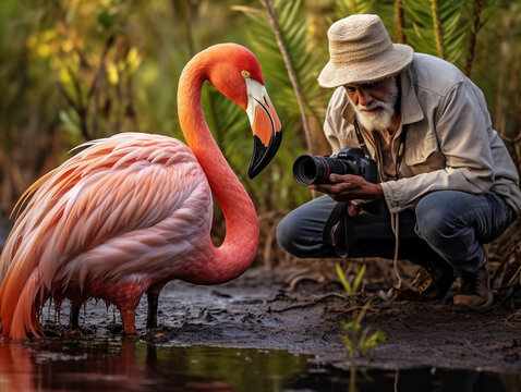 A Photo of a Flamingo and a Wildlife Photographer in Nature